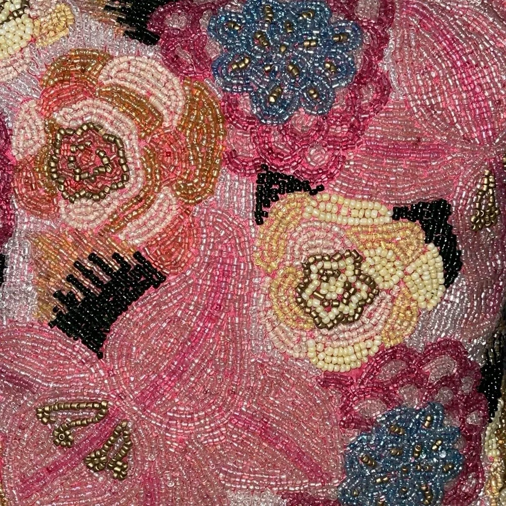 Vintage Pier 1 Beaded Floral Accent Pillow Pink Yellow Boho Eclectic Decor 12x12